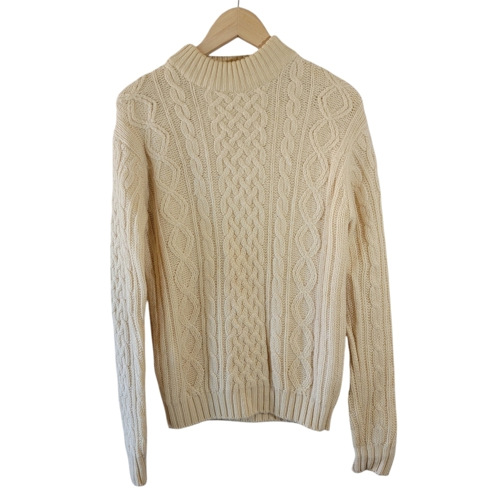 VTG Y2K Ivory Chunky Cable Knit Fisherman Sweater 40 100% Pure Wool Turtleneck